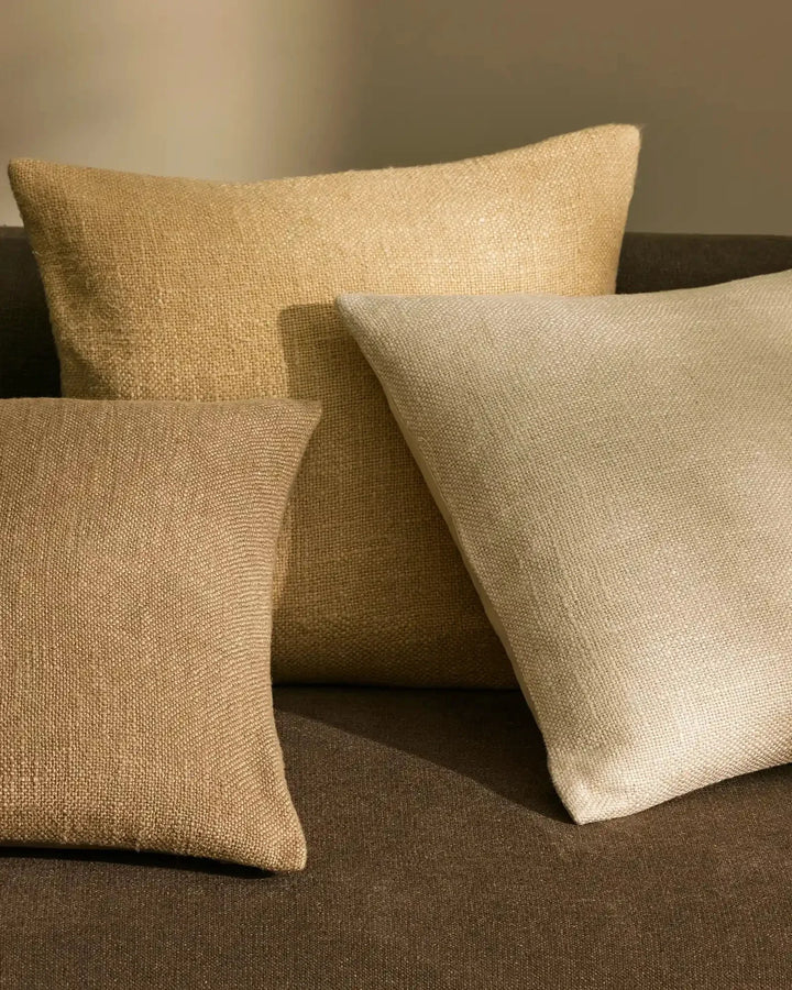 Domenica Sand With a soft, vintage feel, Domenica is a plain linen blend cushion with a chunky texture featured on one side.In seven on-trend colours, the Domenica cushion in Sand is a warm, muted yellow that is reminiscent to freshly picked wheat — perfe