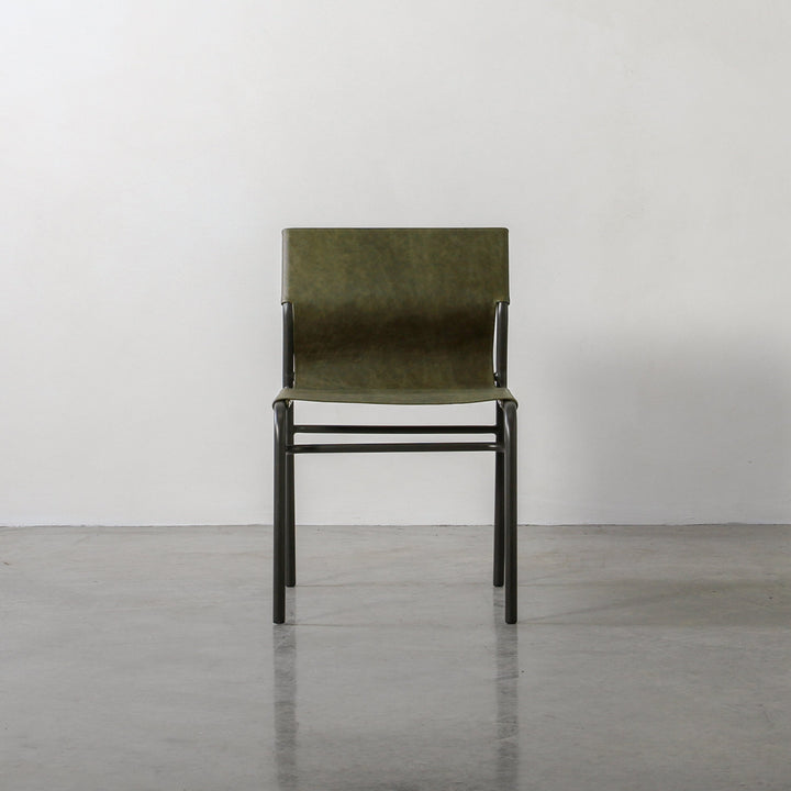 Fieri Dining Chair Olive showcases premium leather and a sleek metal frame for contemporary interiors.