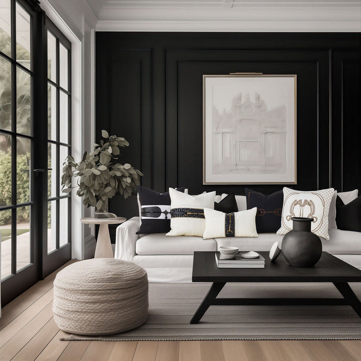 Equestrian Luxe Noir 50x50 100% Artisan Linen. Embroidered. Knife Edge.