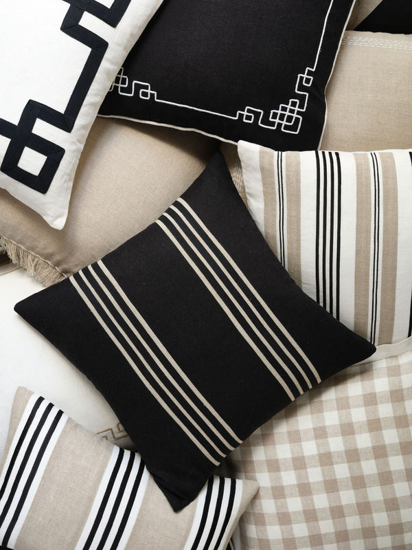Linen Bedford Black 50x50 - Elegant Applique Design Linen Bedford Black 50x50 features 100% Black Linen with exquisite applique and piping details. Perfect for stylish decor.