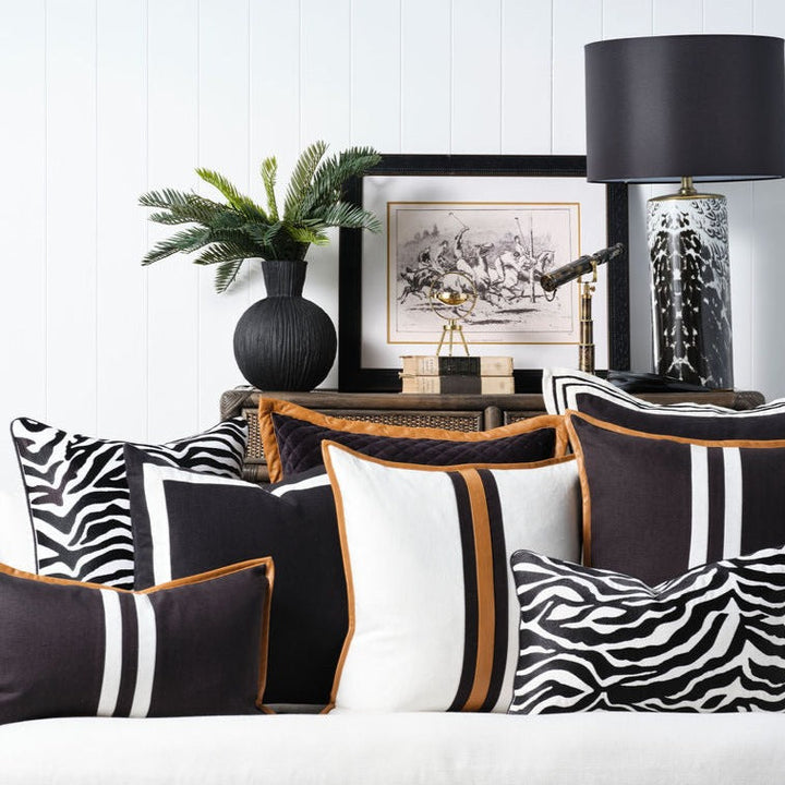 Zebra 50x50 - 100% Cotton Embroidery with Black Piping Shop our Zebra 50x50 decorative piece made of 100% cotton with exquisite embroidery and stylish black piping.