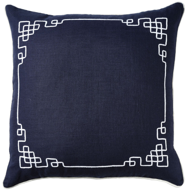 Linen Newport Navy 50x50 - Elegant & Stylish Home Decor Explore the Linen Newport Navy 50x50, crafted from 100% navy linen with beautiful applique and piping details for a touch of elegance.