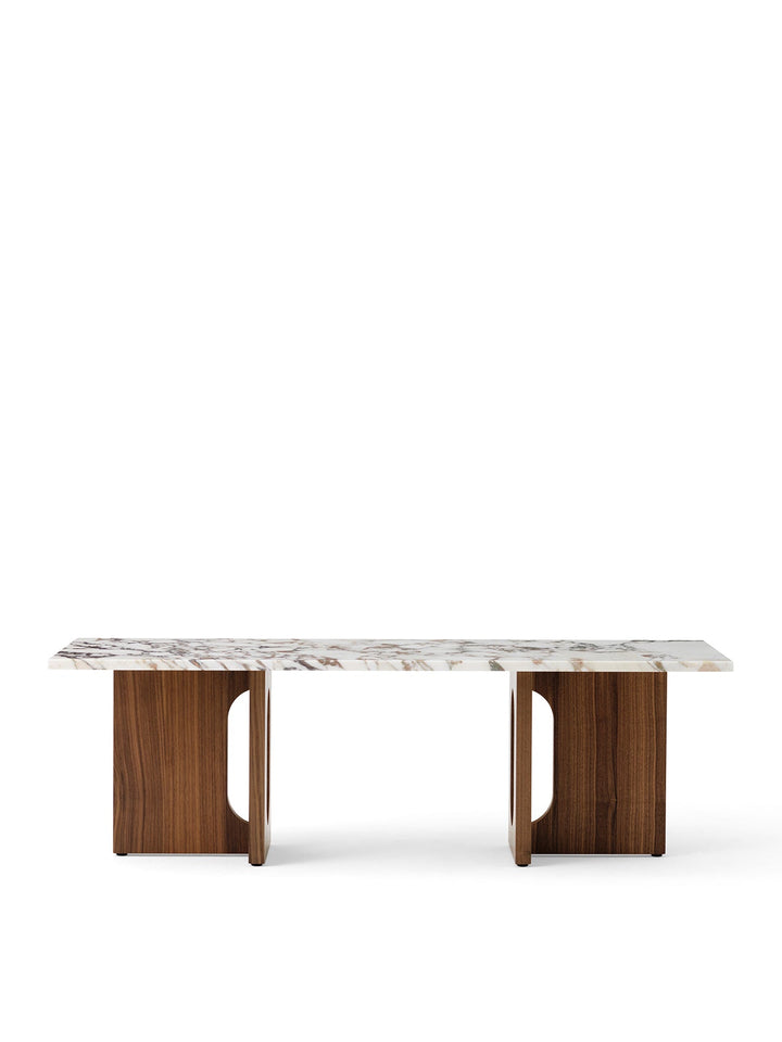 Androgyne Lounge Table, 120x45 cm, Walnut Base, Calacatta Viola Marble Table Top
