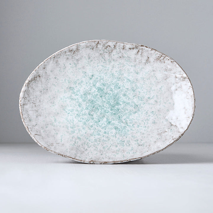 Oval Ceramic Plate in Aqua Splash Blue Glossy with Irregular Rim