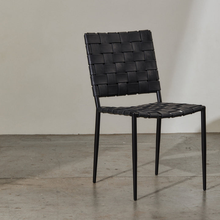 Batali Dining Chair Tan featuring woven leather strapping and geometric grid pattern for modern dining spaces.