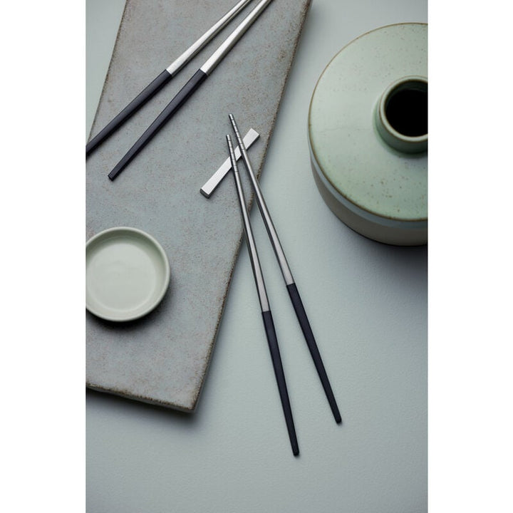 Gense Focus de Luxe Chopsticks Set (Length 23 cm), 6 Pcs, POM Black / 18/8 Stainless Steel, Matte