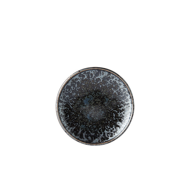 Tapas Plate, 17 cm, Minoyaki Porcelain, Black Pearl Gloss & Matte Glaze, Cyan Accents 