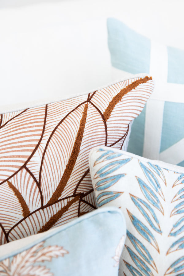 Bermuda Palms 50x50 - 100% Linen Decor Discover Bermuda Palms 50x50, featuring 100% linen, printed, with hand embroidered applique and elegant piping.