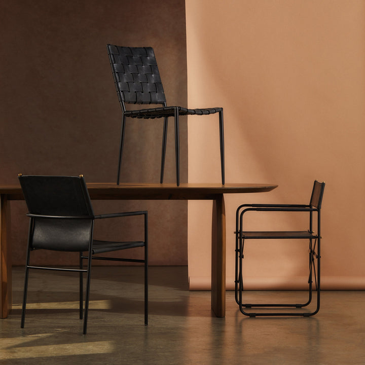 Batali Dining Chair Tan showcasing woven leather strapping and geometric design in a modern dining setting.