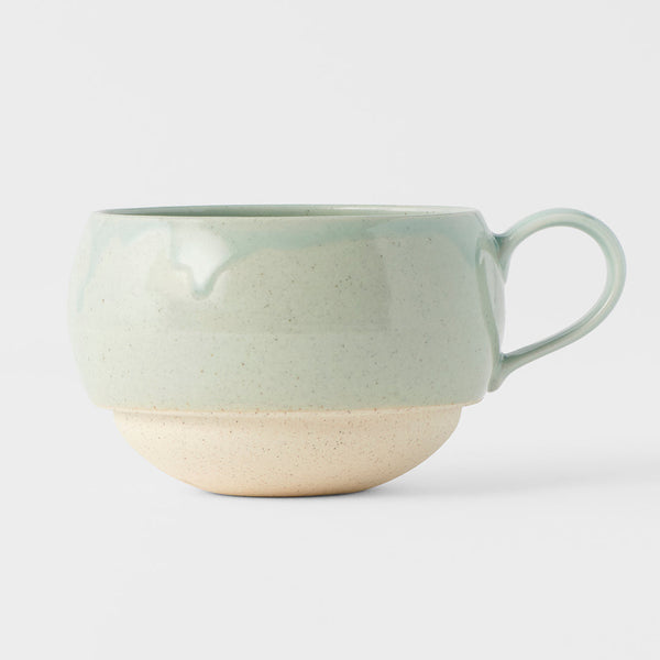Handcrafted 300ml blue glaze mug with handle, perfect for tea, coffee, or desserts, showcasing traditional Japanese design.
