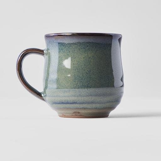 8cm green mug with artisan leaf design, 225ml capacity, ideal for food use and microwave safe.