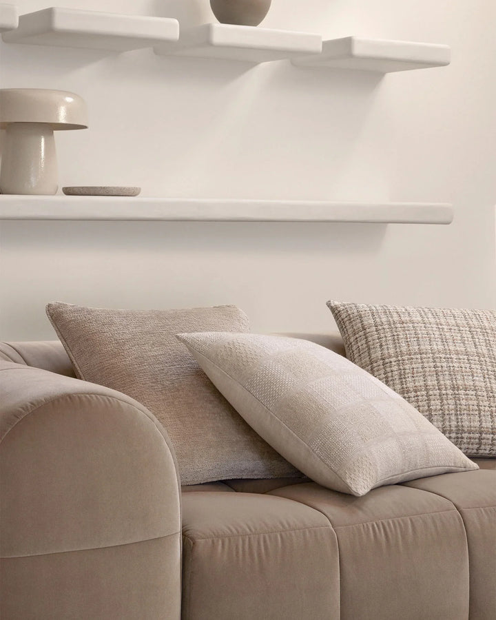 Bodrum Hemp A contemporary, woven linen interpretation of a geometric checkerboard. Featuring panels of varied weave structures and subtle colour variations.The blend of soft, tonal yarns in Bodrum creates a textured feel. Colourway Hemp provides natural