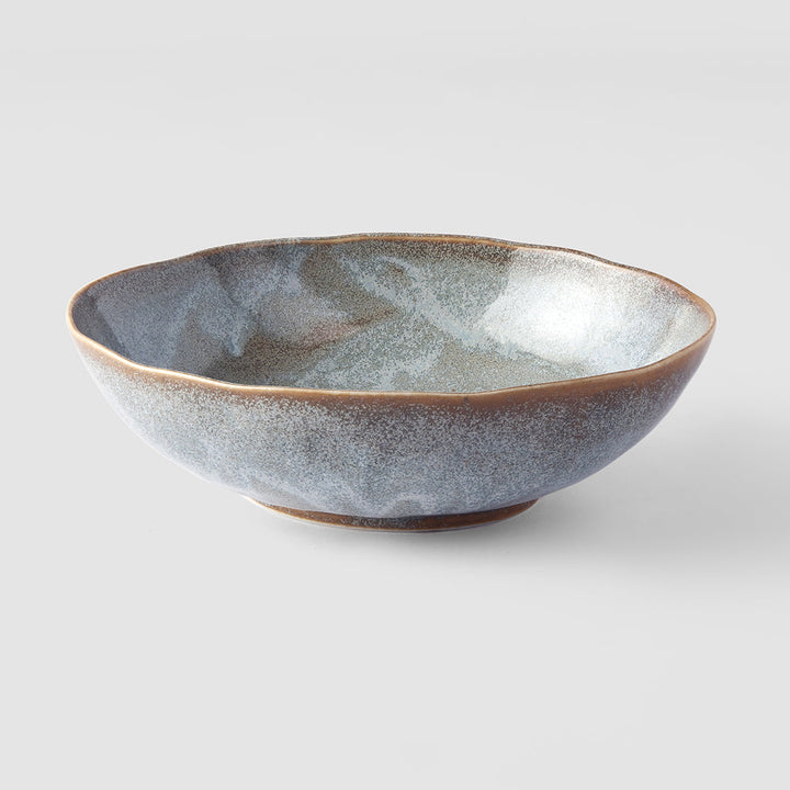Oval 19cm bowl with steel grey glaze, smooth finish, and earthy brown rim, featuring subtle speckling and tonal variations.