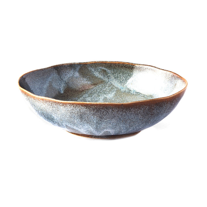 Oval 19cm bowl in steel grey glaze featuring smooth finish and earthy brown outline, ideal for everyday use.