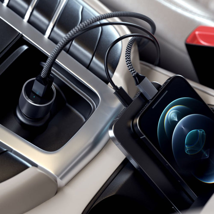 Satechi 40W Dual USB-C PD Car Charger (Space Grey) Arrive at your destination fully charged with the Satechi 40W Dual USB-C PD Car Charger. Featuring two USB-C Power Delivery (PD) ports to quickly charge your iPad Pro M1 or iPhone 13 up to 20W each, so yo