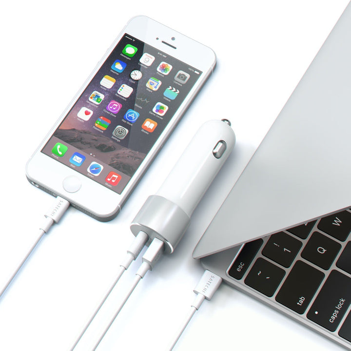 Satechi 72W USB-C PD Car Charger Bring your devices along for the ride with the Satechi 72W Type-C PD Car Charger. Using the latest Power Delivery technology, the 72W Car Charger delivers up to 60W from its USB-C port to fast charge compatible laptops, ta