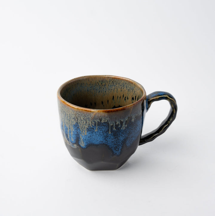 Bright blue drip glaze mug, 250ml, food safe, oven and dishwasher compatible, unique hand-crafted design.