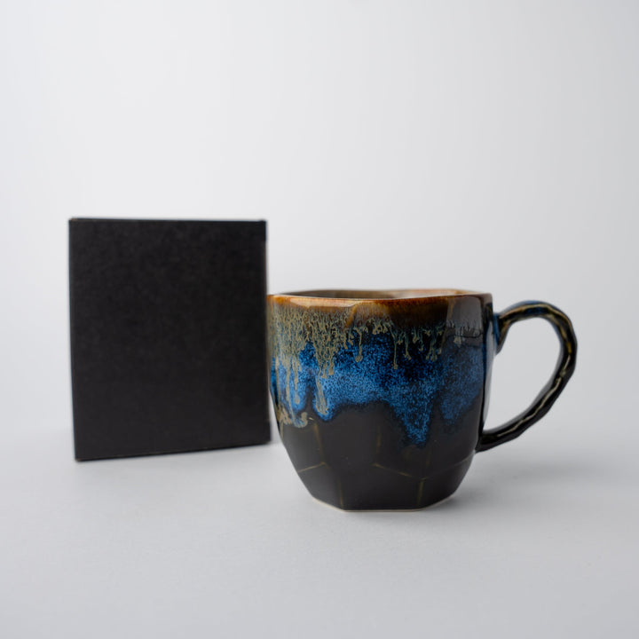 Bright blue drip glaze mug gift 250ml alongside a black gift box, showcasing its unique glaze finish.