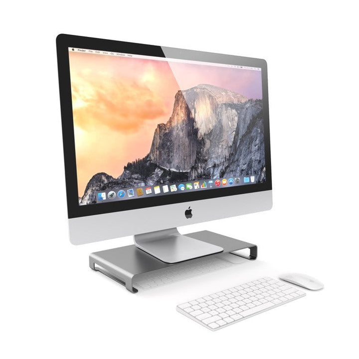 Satechi Slim Monitor Stand Convenient stand to raise monitors and maximise workspace Strong aluminium alloy to support monitors and more up to 14 kg Functional stand while supporting comfort and good posture Slim, modern design with metallic silver finish