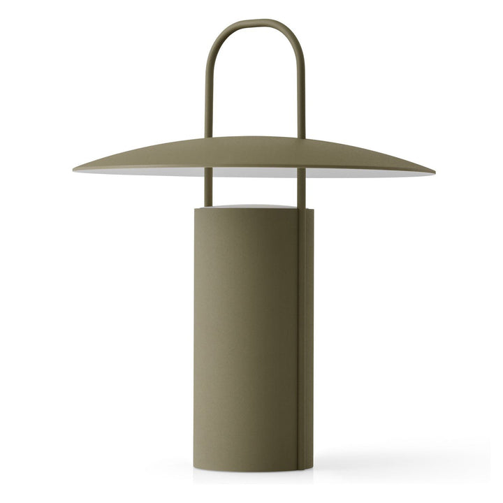 Ray Portable Table Lamp by Audo Copenhagen - Daniel Schofield’s Ray Table Lamp for MENU has a distinctive silhouette inspired by old mining lamps. Its simplified design in powder-coated metal and glass features a practical top handle that makes it easy to