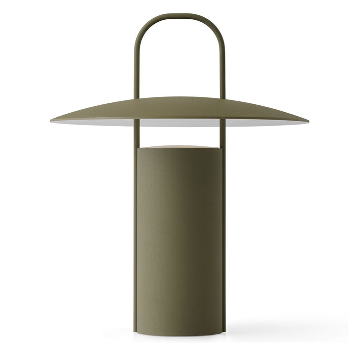 Ray Portable Table Lamp by Audo Copenhagen - Daniel Schofield’s Ray Table Lamp for MENU has a distinctive silhouette inspired by old mining lamps. Its simplified design in powder-coated metal and glass features a practical top handle that makes it easy to