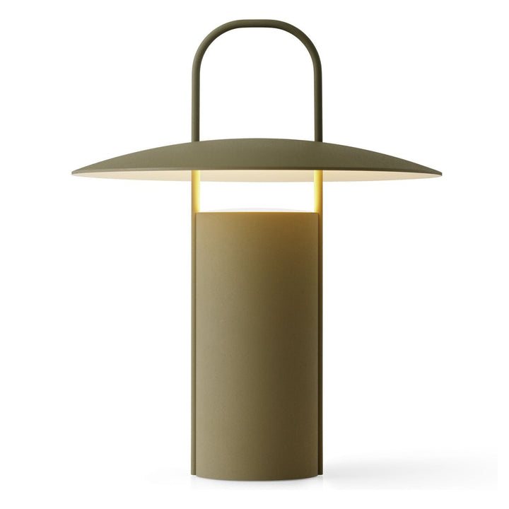 Ray Portable Table Lamp by Audo Copenhagen - Daniel Schofield’s Ray Table Lamp for MENU has a distinctive silhouette inspired by old mining lamps. Its simplified design in powder-coated metal and glass features a practical top handle that makes it easy to