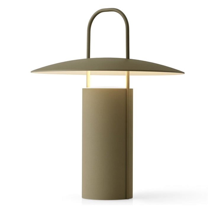 Ray Portable Table Lamp by Audo Copenhagen - Daniel Schofield’s Ray Table Lamp for MENU has a distinctive silhouette inspired by old mining lamps. Its simplified design in powder-coated metal and glass features a practical top handle that makes it easy to