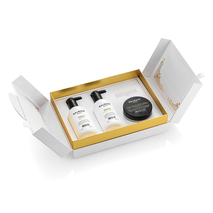 Balmain Limited Edition Moisturising Care Set in Renaissance-inspired gift box with organic Argan oil products for natural or colored hair.