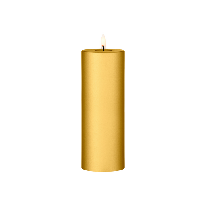 Ester & Erik LED pillar candle in gold, featuring a lifelike glow for elegant decor and special occasions.