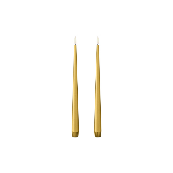 Ester & Erik LED taper candles in elegant gold, set of 2, ideal for modern home decor and ambiance.