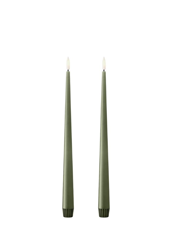 Ester & Erik LED taper candles in olive green, set of 2, elegant and realistic glow for modern decor.