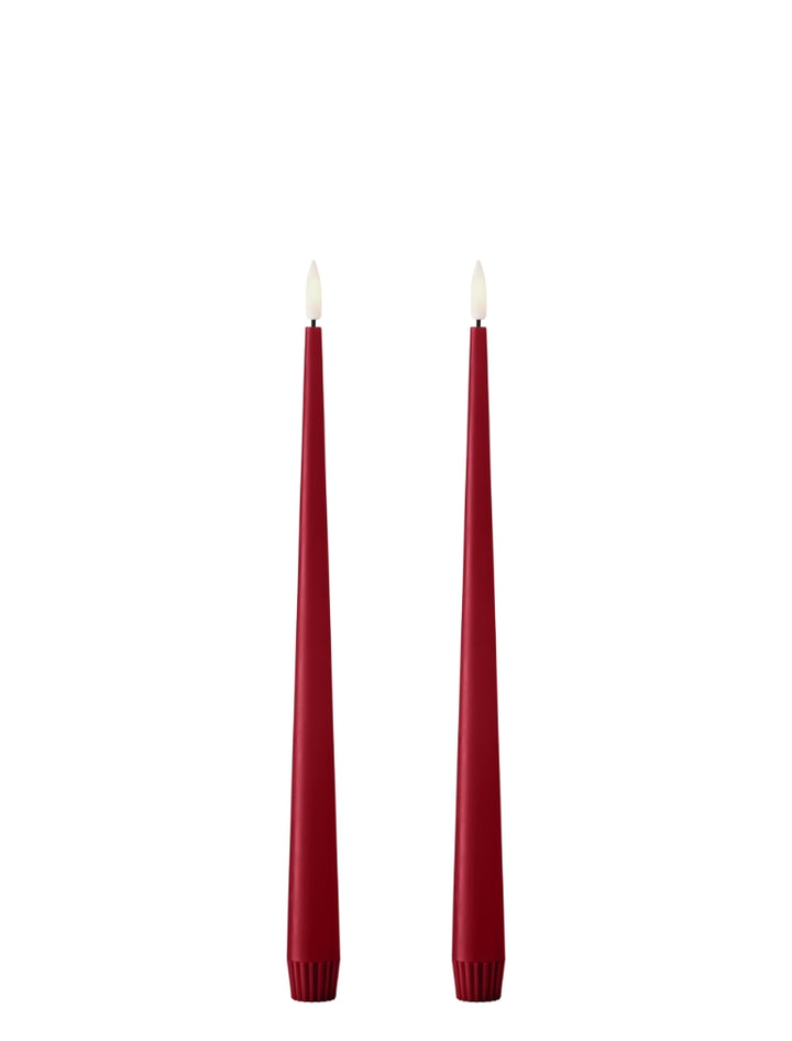 Ester & Erik LED taper candles in rich red color, featuring a realistic glow and elegant design, set of 2.
