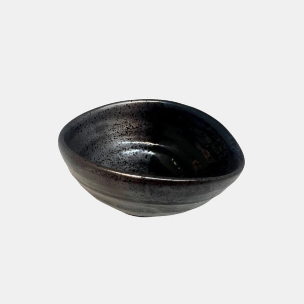 Egg-shaped small bowl in metallic black glaze, 11cm, handcrafted earthenware, dishwasher safe.