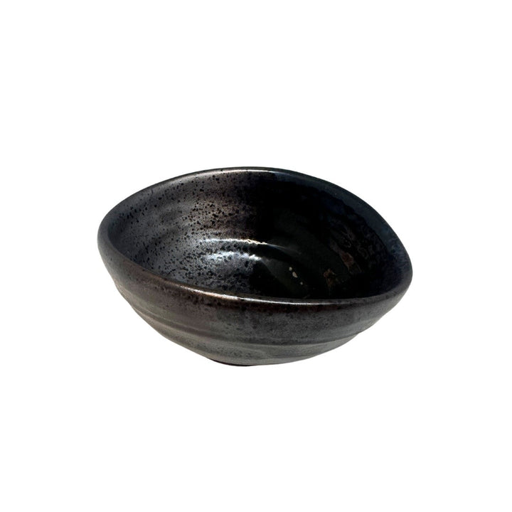 Small egg-shaped bowl 11cm in metallic black glaze, ideal for serving or decor, showcasing artisan craftsmanship.