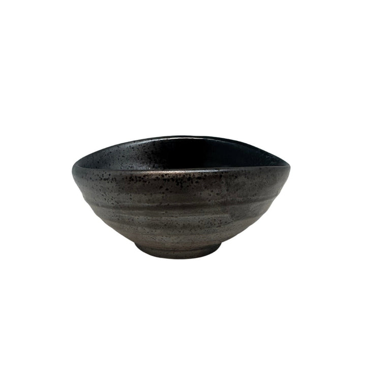 Small 11cm egg-shaped bowl in metallic black glaze, crafted from earthenware, dishwasher safe, artisan design.