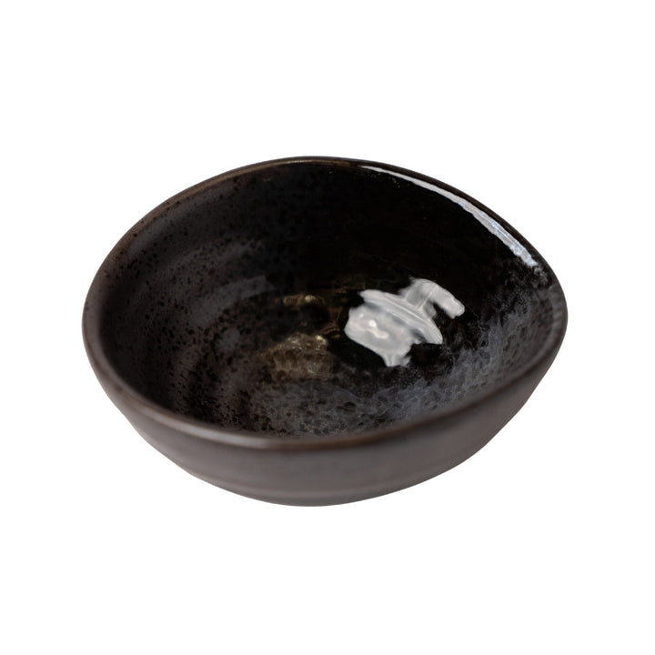 Small 11cm egg-shaped bowl in metallic black glaze, suitable for dishes and dishwasher safe.