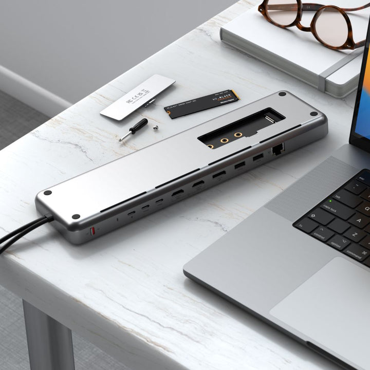 Satechi Dual Dock Stand (Space Grey) Elevate your setup and boost your computer’s performance with the new Dual Dock Stand - a Docking Station with NVMe SSD Enclosure. Designed for both business and creative professionals, this dual dock will transform yo