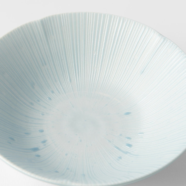 Ice blue ceramic bowl with radial texture, perfect for serving soup, salad, or rice, enhancing any table setting.