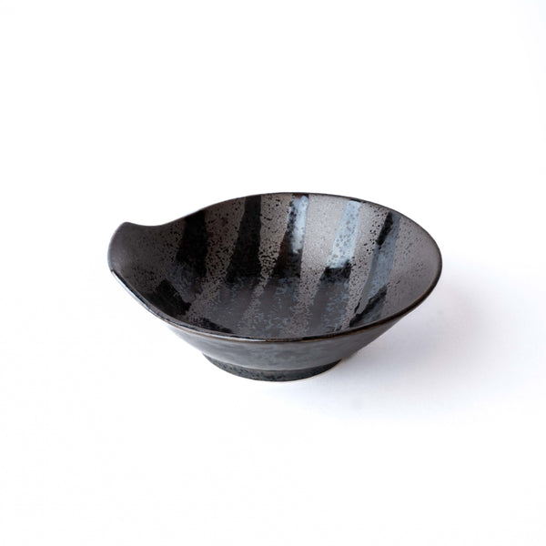 Bowl with Handle 13cm Black Stripes On Gunmetal Glaze