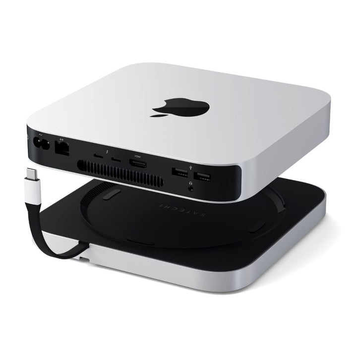 Satechi Stand & Hub for Mac Mini/Studio with NVME SSD Enclosure (Silver) Expand your connectivity options over a single cable with the Satechi Stand & Hub for Mac Mini/Studio with NVMe SSD Enclosure. Designed to complement Mac Mini and Mac Studio, this co