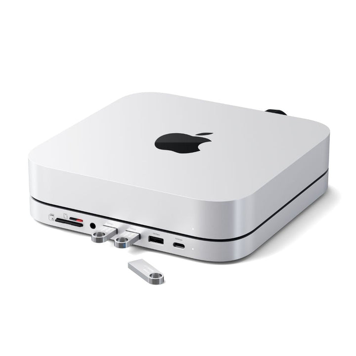 Satechi Stand & Hub for Mac Mini/Studio with NVME SSD Enclosure (Silver) Expand your connectivity options over a single cable with the Satechi Stand & Hub for Mac Mini/Studio with NVMe SSD Enclosure. Designed to complement Mac Mini and Mac Studio, this co