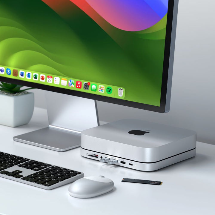 Satechi Stand & Hub for Mac Mini/Studio with NVME SSD Enclosure (Silver) Expand your connectivity options over a single cable with the Satechi Stand & Hub for Mac Mini/Studio with NVMe SSD Enclosure. Designed to complement Mac Mini and Mac Studio, this co