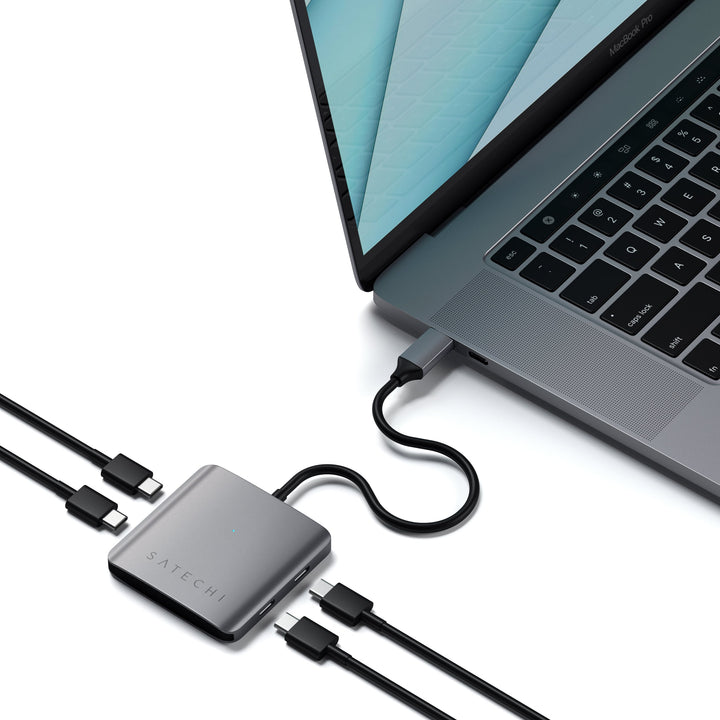 Satechi Aluminium 4 Port USB-C Hub (Space Grey) Expand your data capabilities with the Satechi 4-Port USB-C Hub, featuring four USB-C ports to easily back up, transfer, or copy files to and from your USB-C host device. With its sleek aluminium finish and