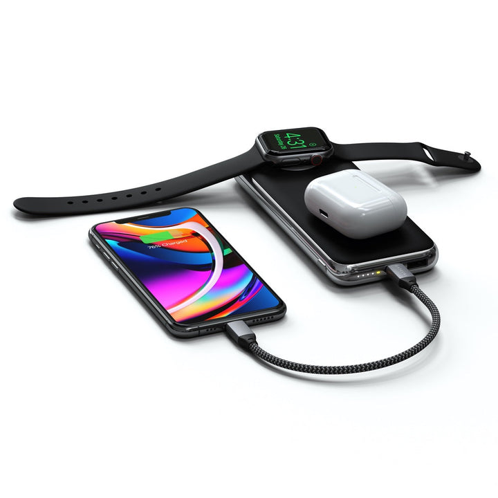 Satechi Quatro Wireless Power Bank (10000mAh) Experience the convenience of wireless charging on-the-go with the Satechi Quatro Wireless Power Bank - 10000 mAh. Combining the best of both portable and wireless charging, the Quatro Power Bank features a Qi