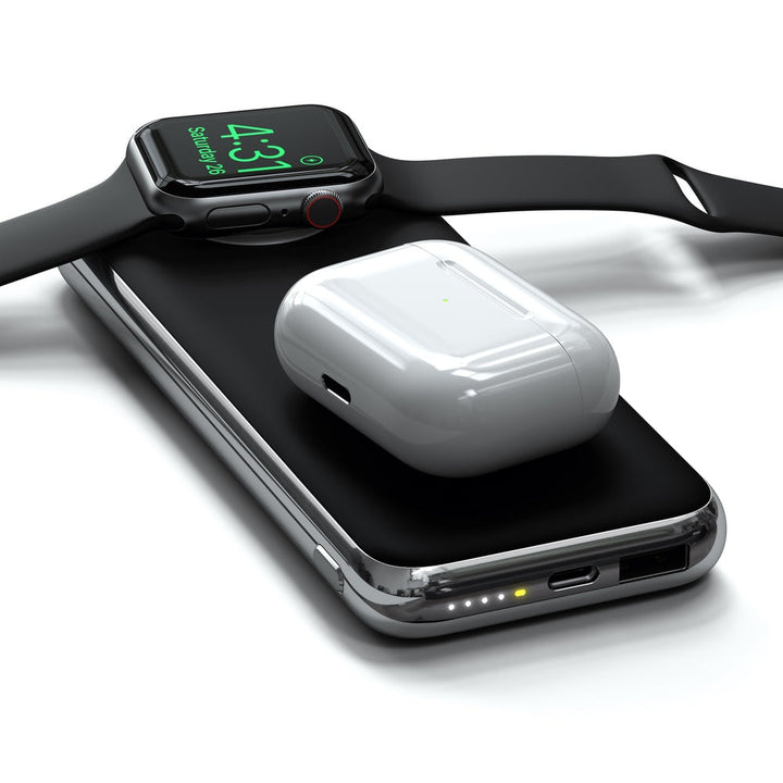 Satechi Quatro Wireless Power Bank (10000mAh) Experience the convenience of wireless charging on-the-go with the Satechi Quatro Wireless Power Bank - 10000 mAh. Combining the best of both portable and wireless charging, the Quatro Power Bank features a Qi