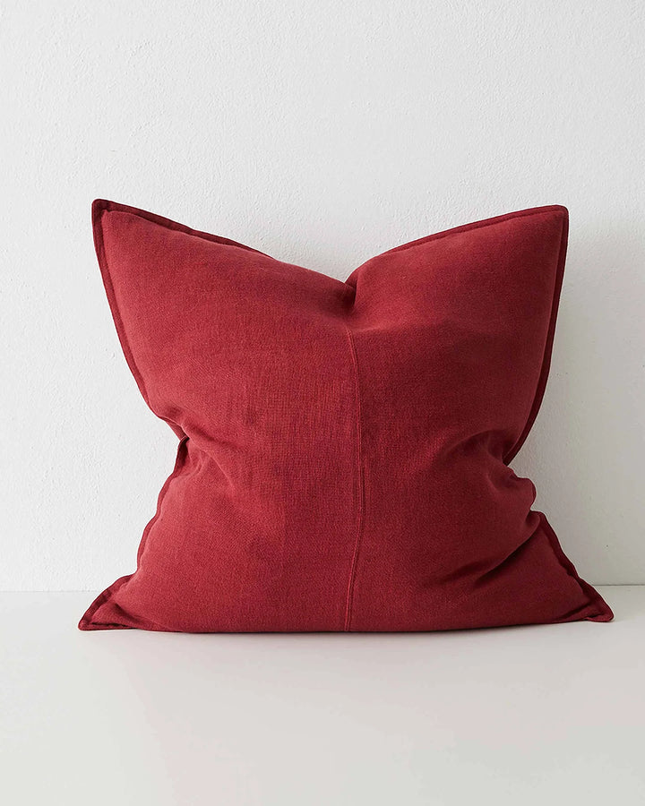 Como Rhubarb Cushion - Stylish European Linen Discover the Como Rhubarb cushion, a vibrant red linen piece with double stitch seams for a soft, luxurious feel.
