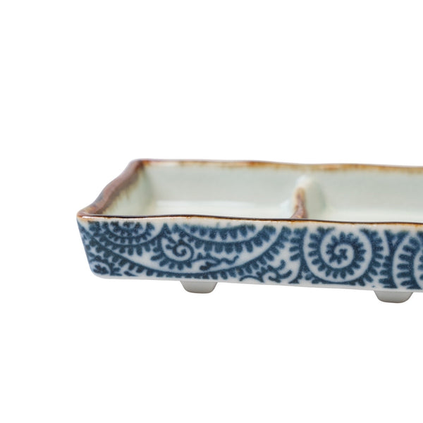 Rectangular triple dish with blue scroll design, featuring two compartments for sauces and appetizers.