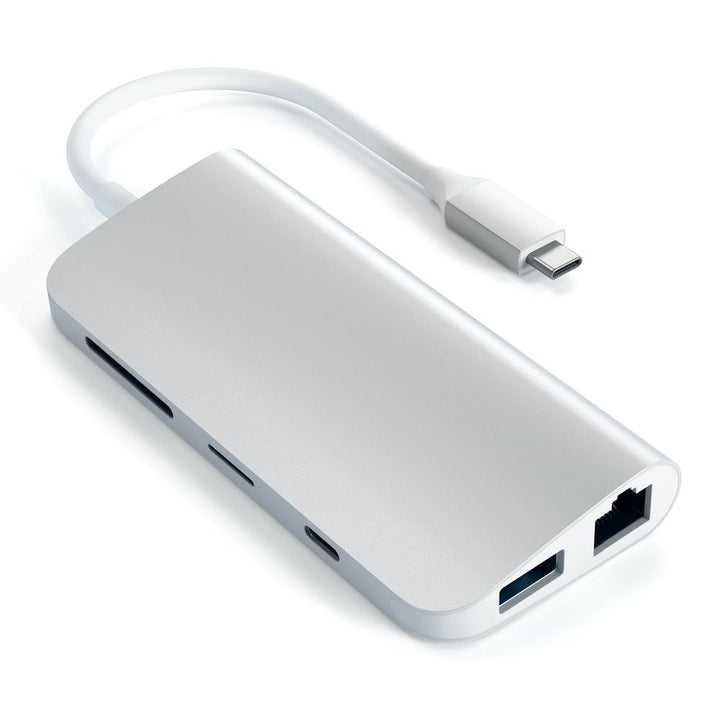 Satechi USB-C Multimedia Adapter 4K Ethernet Display-Port Introducing the Satechi Aluminium USB-C Multimedia Adapter with all your favourite legacy ports bundled into 1 sleek, aluminium adapter. Connect a laptop or desktop to a plethora of devices and per