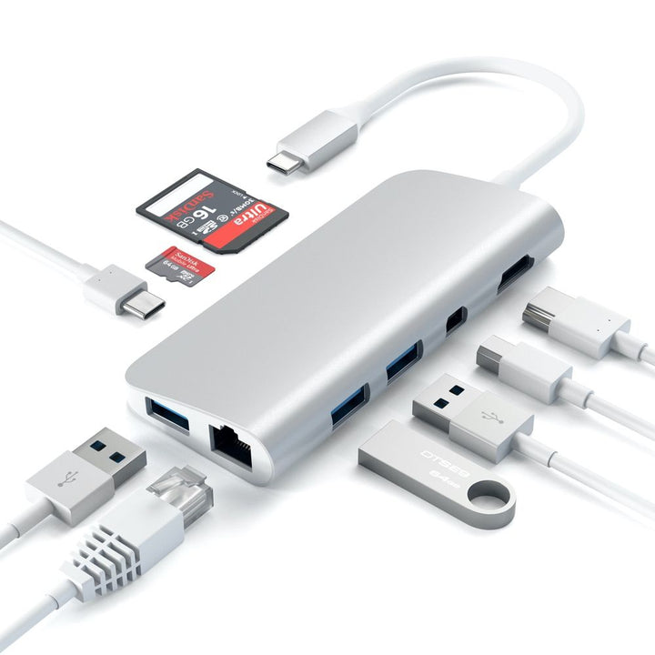 Satechi USB-C Multimedia Adapter 4K Ethernet Display-Port Introducing the Satechi Aluminium USB-C Multimedia Adapter with all your favourite legacy ports bundled into 1 sleek, aluminium adapter. Connect a laptop or desktop to a plethora of devices and per