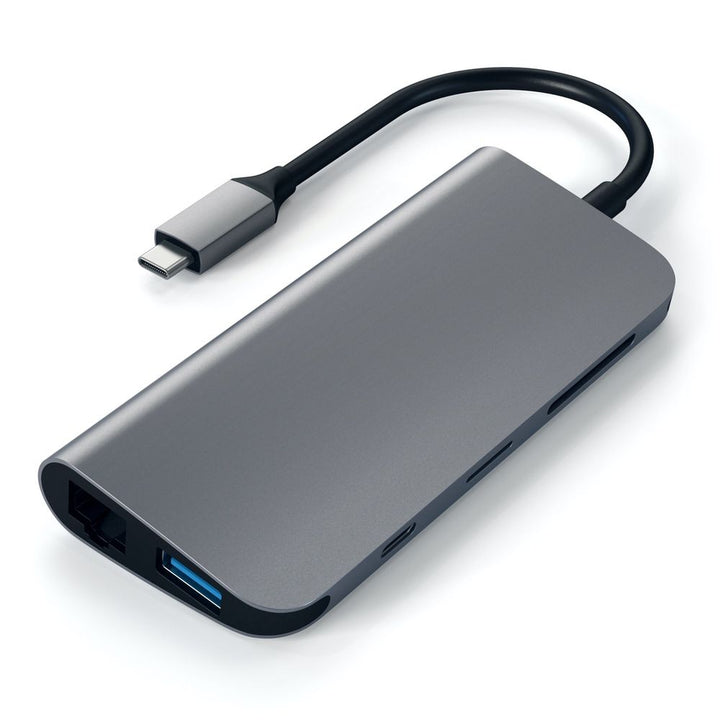 Satechi USB-C Multimedia Adapter 4K Ethernet Display-Port Introducing the Satechi Aluminium USB-C Multimedia Adapter with all your favourite legacy ports bundled into 1 sleek, aluminium adapter. Connect a laptop or desktop to a plethora of devices and per